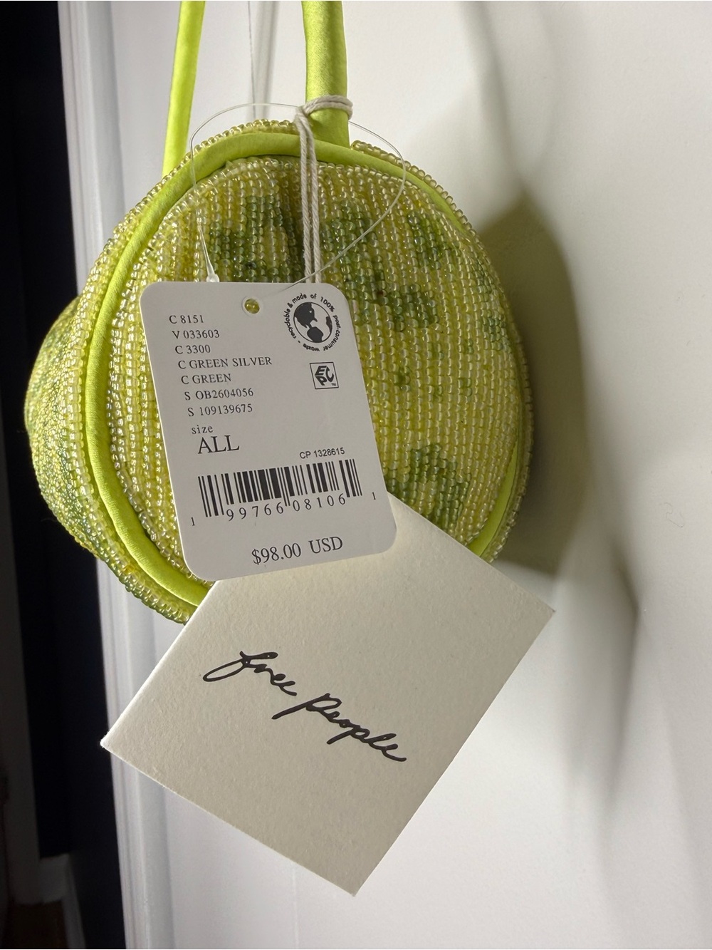 Free People Bailey Beaded Barrel Shoulder Handbag Purse Lime Green - NWT - Picture 4 of 10